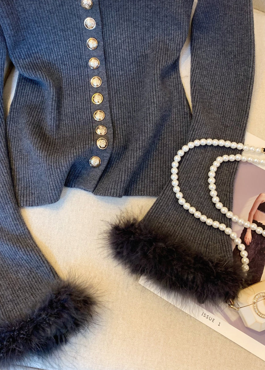 Slim Fit Dark Gray Fluffy Solid Patchwork Knit Sweater Flare Sleeve