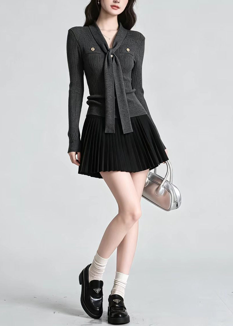 Slim Fit Dark Gray V Neck Tie  Knit Top Long sleeve