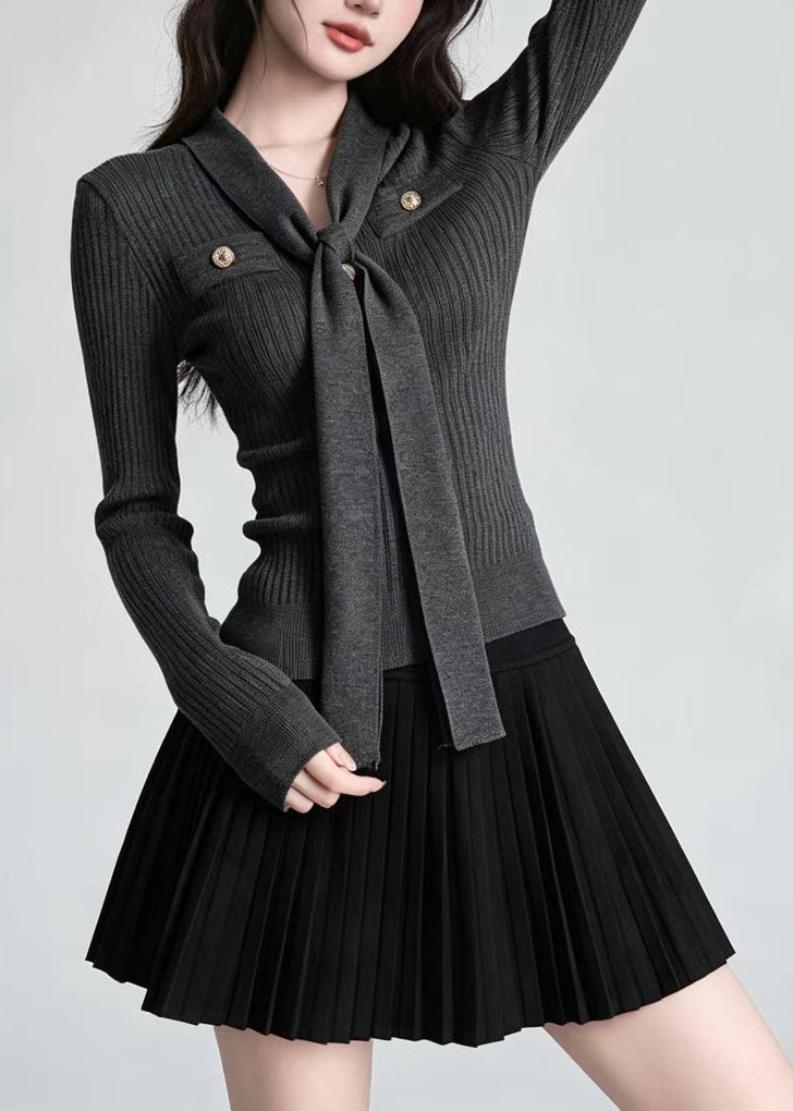 Slim Fit Dark Gray V Neck Tie  Knit Top Long sleeve