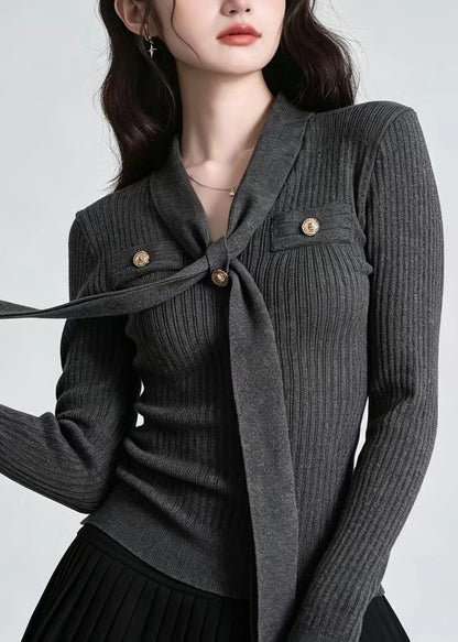 Slim Fit Dark Gray V Neck Tie  Knit Top Long sleeve