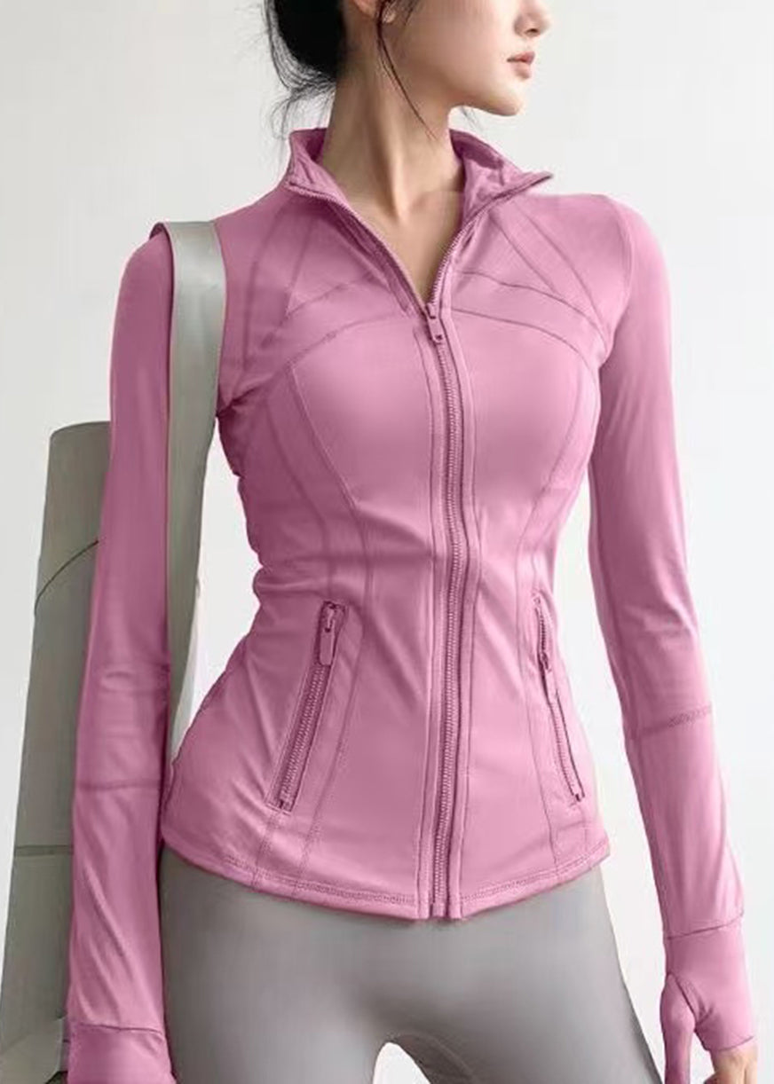 Slim Fit Dusty Pink Stand Collar Zip Up Long Sleeve Tennis Coats