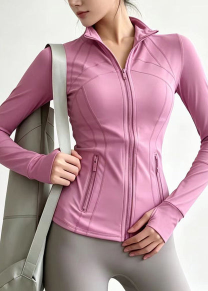 Slim Fit Dusty Pink Stand Collar Zip Up Long Sleeve Tennis Coats