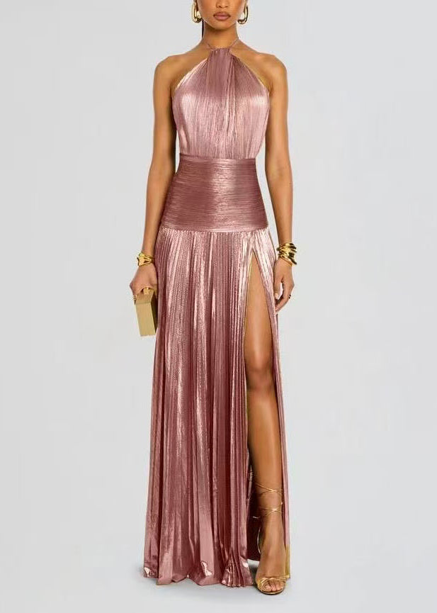 Slim Fit Gold Halter Backless Wrinkled Side Open Party Dress Sleeveless