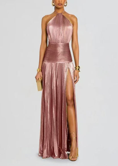 Slim Fit Gold Halter Backless Wrinkled Side Open Party Dress Sleeveless