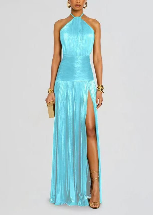Slim Fit Gold Halter Backless Wrinkled Side Open Party Dress Sleeveless
