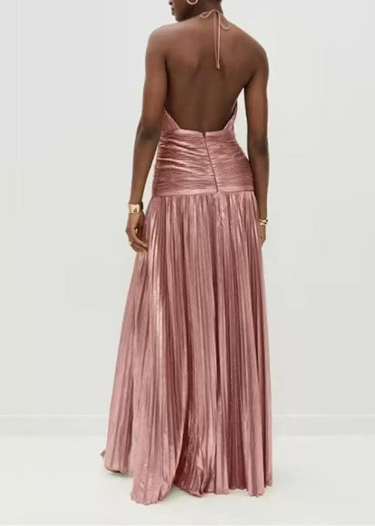 Slim Fit Gold Halter Backless Wrinkled Side Open Party Dress Sleeveless