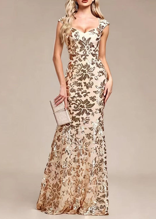 Slim Fit Gold V Neck Sequins Party Dress Sleeveless