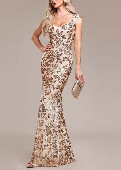 Slim Fit Gold V Neck Sequins Party Dress Sleeveless