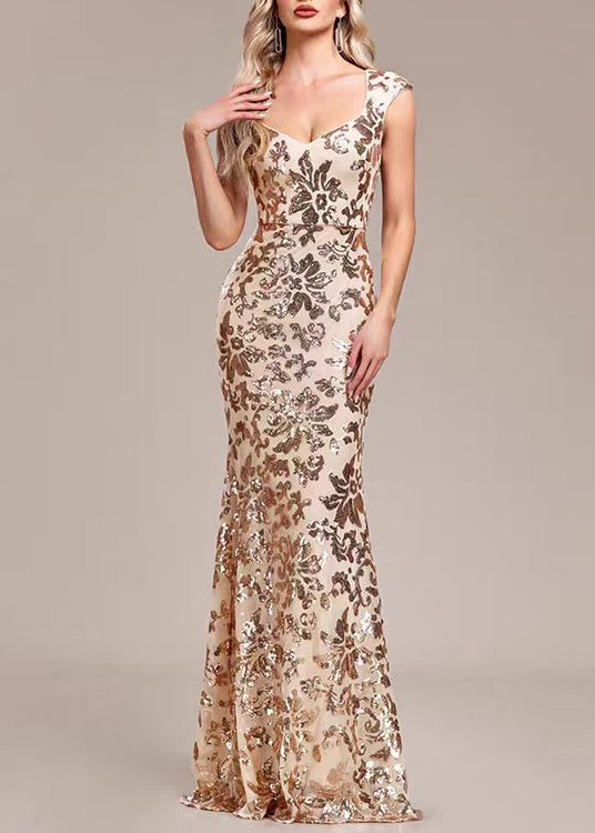 Slim Fit Gold V Neck Sequins Party Dress Sleeveless
