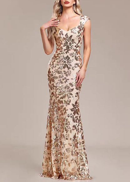Slim Fit Gold V Neck Sequins Party Dress Sleeveless