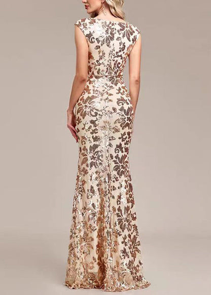 Slim Fit Gold V Neck Sequins Party Dress Sleeveless