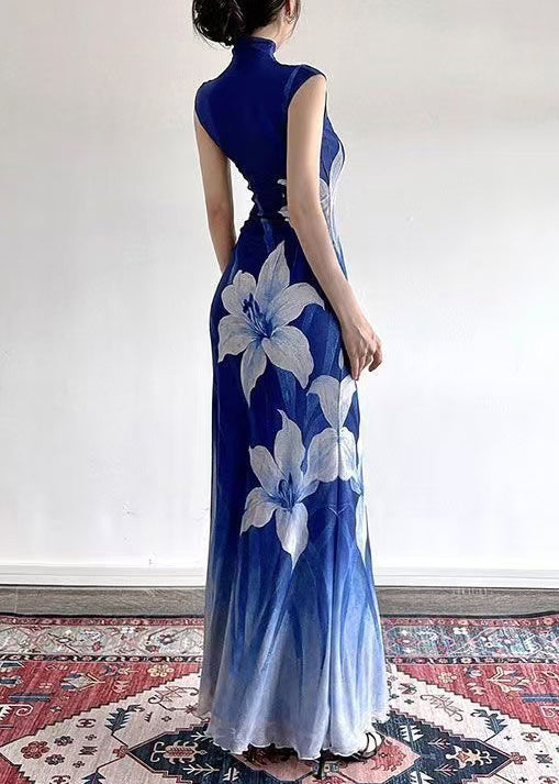 Slim Fit Gradient Color Turtleneck Print Tulle Long Dress Summer