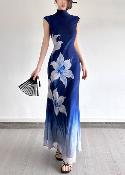 Slim Fit Gradient Color Turtleneck Print Tulle Long Dress Summer