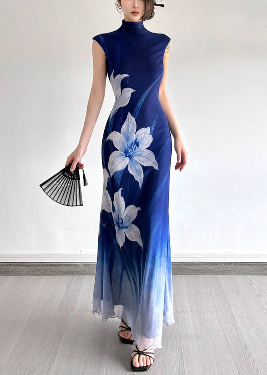 Slim Fit Gradient Color Turtleneck Print Tulle Long Dress Summer