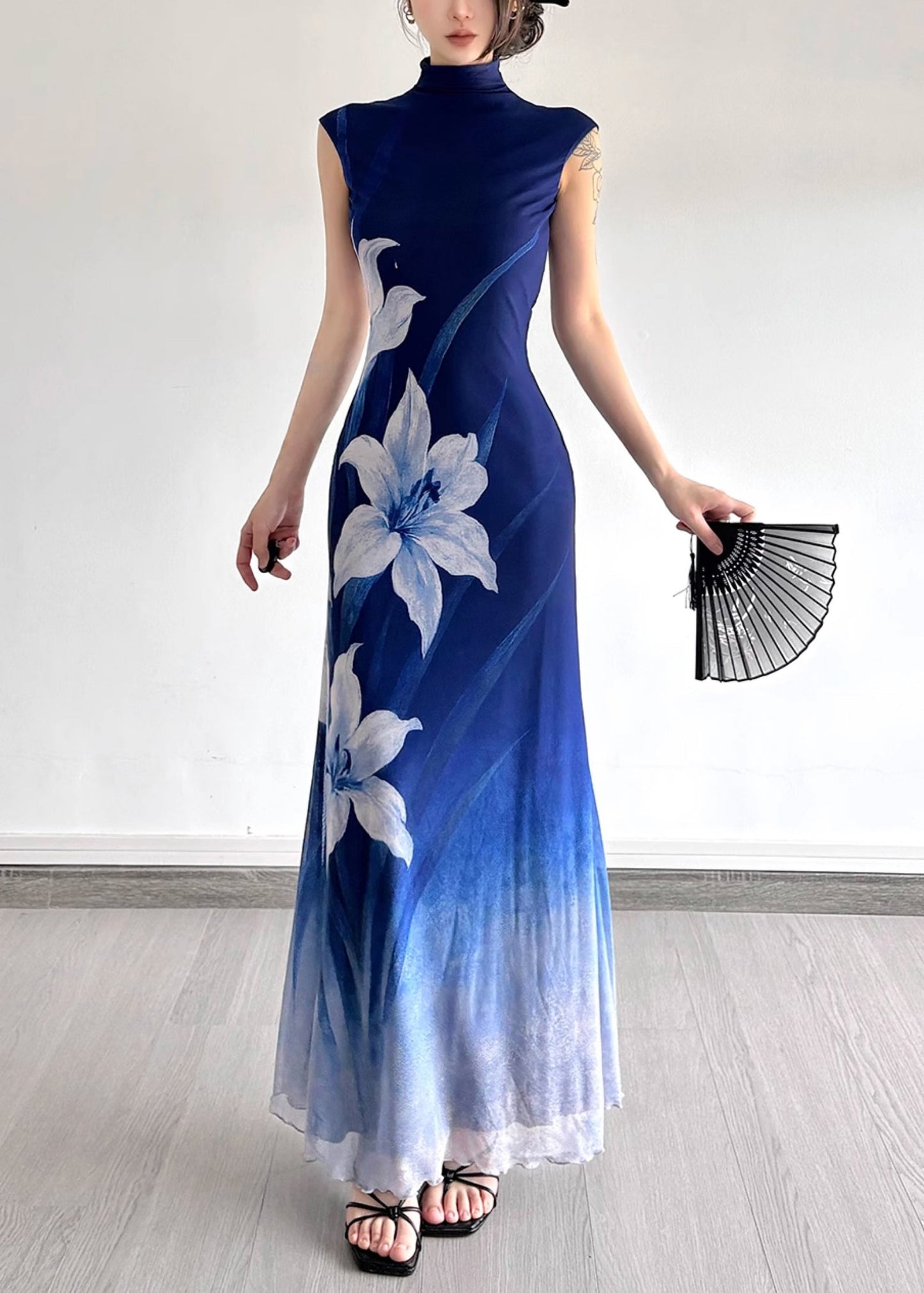 Slim Fit Gradient Color Turtleneck Print Tulle Long Dress Summer