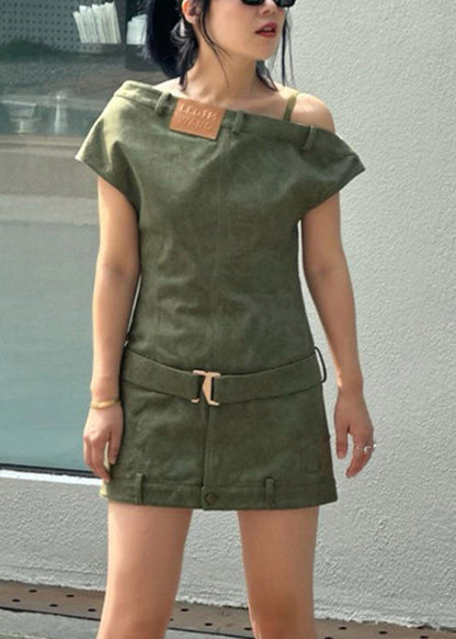 Slim Fit Green Asymmetrical High Waist Denim Mini Dresses Summer