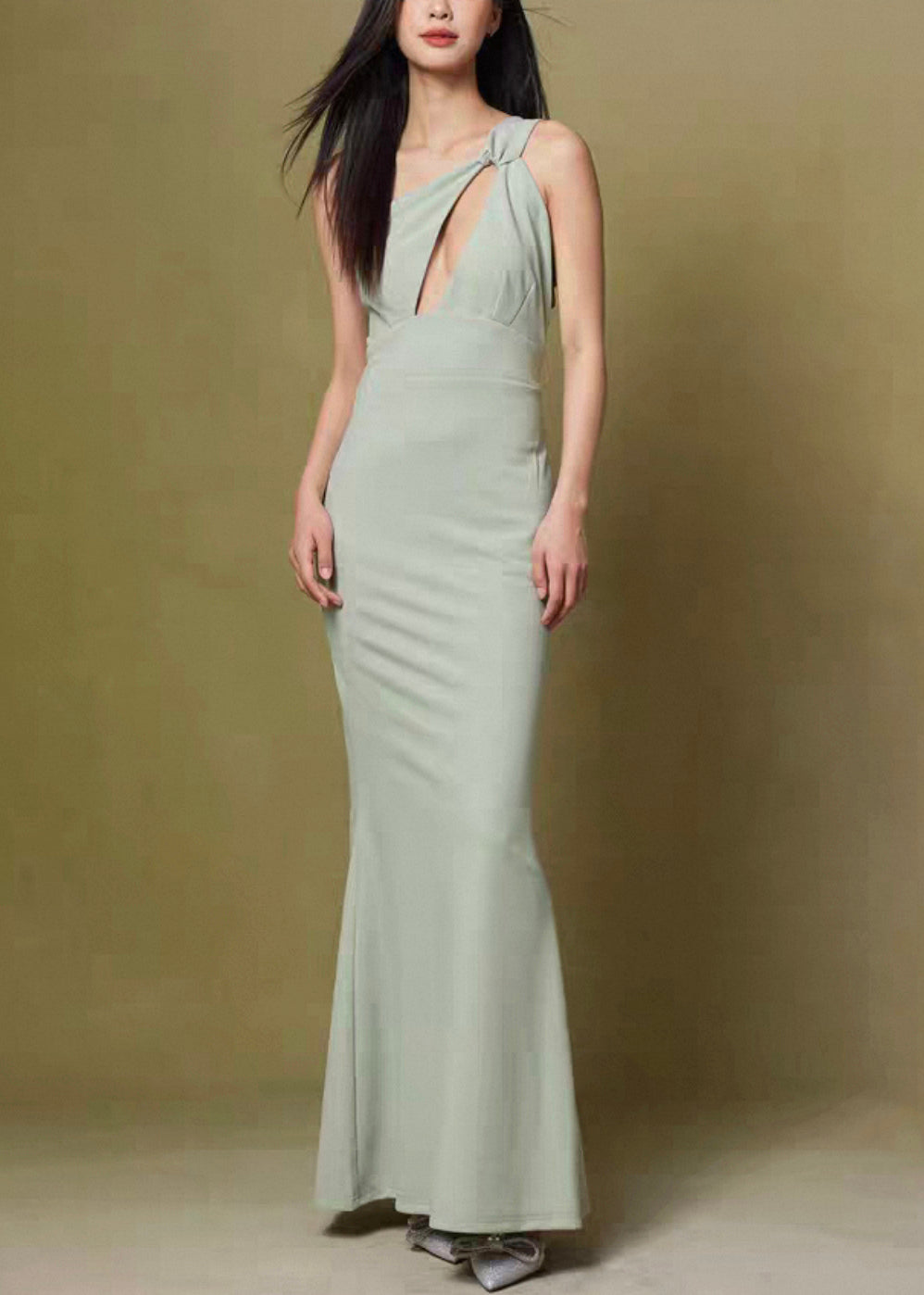 Slim Fit Green Asymmetrical Hollow Out Cotton Long Dresses Sleeveless