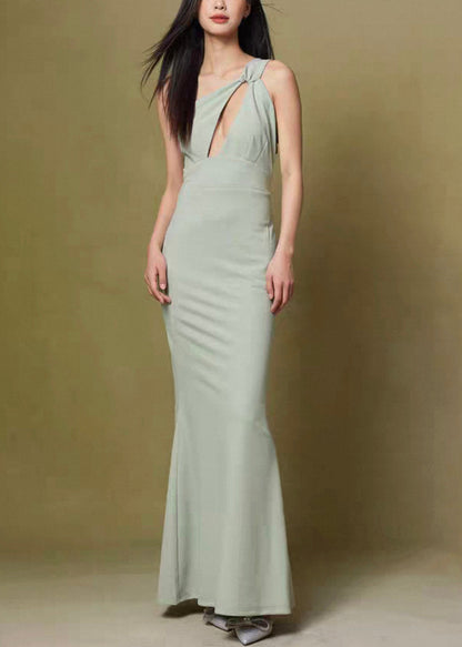Slim Fit Green Asymmetrical Hollow Out Cotton Long Dresses Sleeveless