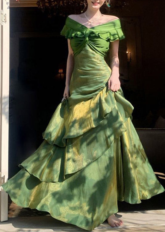 Slim Fit Green Asymmetrical Patchwork Long Dress Short Sleeve