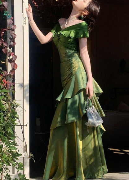Slim Fit Green Asymmetrical Patchwork Long Dress Short Sleeve