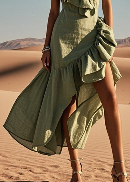 Slim Fit Green Asymmetrical Ruffled Linen Long Dresses Sleeveless