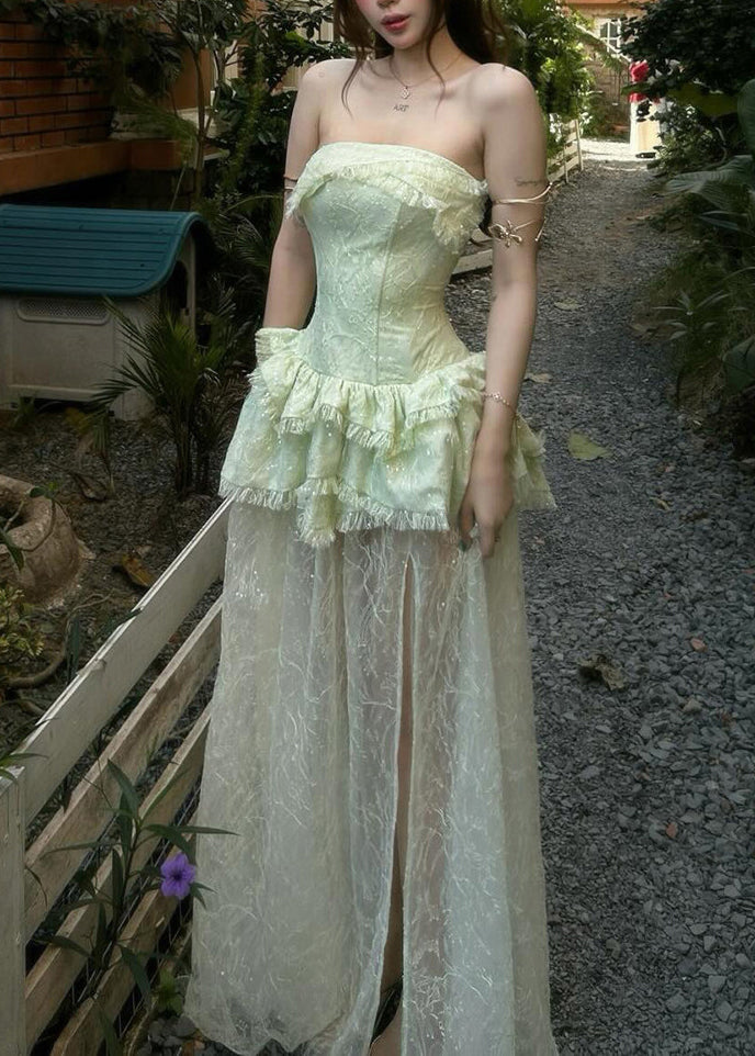 Slim Fit Green Bustier Top Patchwork Vacation Lace Long Dresses Sleeveless