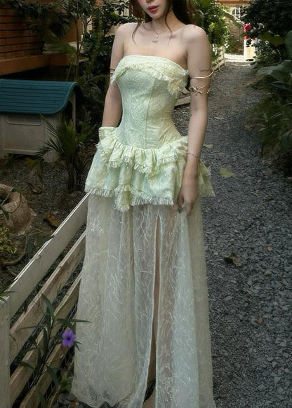 Slim Fit Green Bustier Top Patchwork Vacation Lace Long Dresses Sleeveless