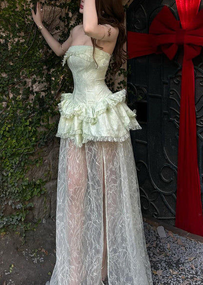 Slim Fit Green Bustier Top Patchwork Vacation Lace Long Dresses Sleeveless