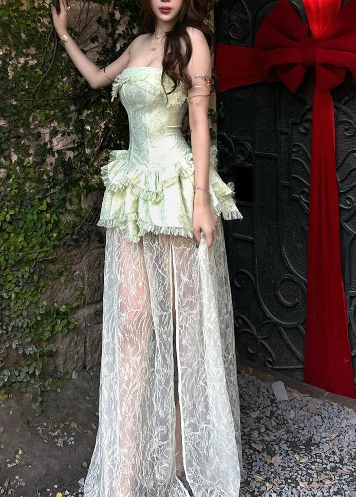 Slim Fit Green Bustier Top Patchwork Vacation Lace Long Dresses Sleeveless