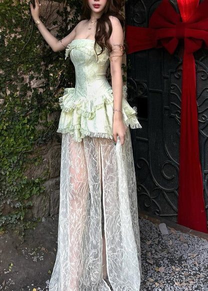 Slim Fit Green Bustier Top Patchwork Vacation Lace Long Dresses Sleeveless