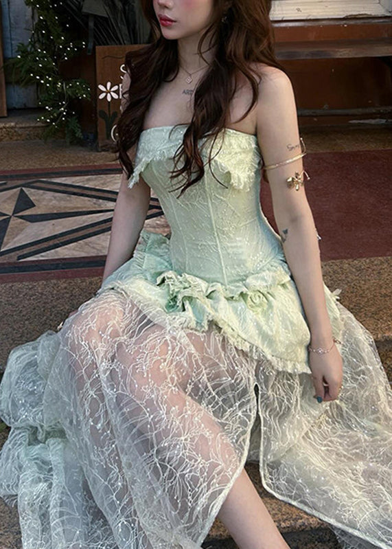 Slim Fit Green Bustier Top Patchwork Vacation Lace Long Dresses Sleeveless