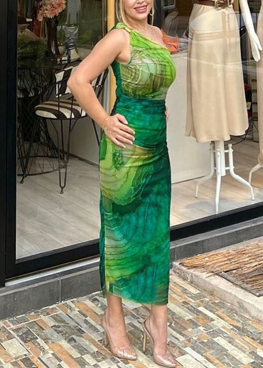 Slim Fit Green Cold Shoulder Print Cotton Long Dress Sleeveless