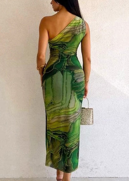 Slim Fit Green Cold Shoulder Print Cotton Long Dress Sleeveless