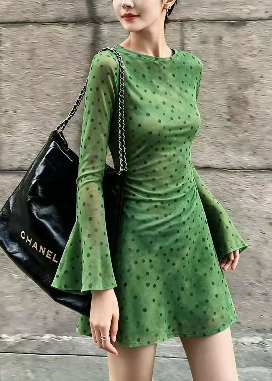 Slim Fit Green Dot O-Neck Mesh Dresses Flare Sleeve