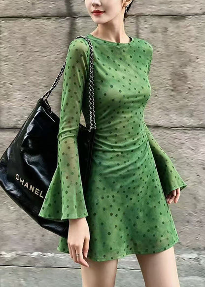 Slim Fit Green Dot O-Neck Mesh Dresses Flare Sleeve