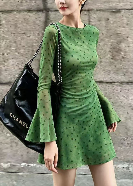 Slim Fit Green Dot O-Neck Mesh Dresses Flare Sleeve