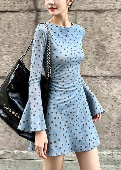 Slim Fit Green Dot O-Neck Mesh Dresses Flare Sleeve