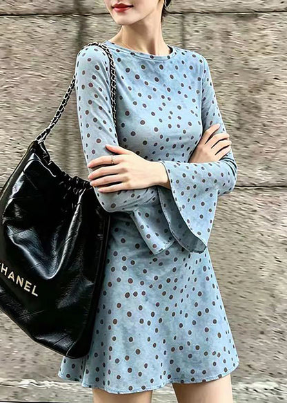 Slim Fit Green Dot O-Neck Mesh Dresses Flare Sleeve