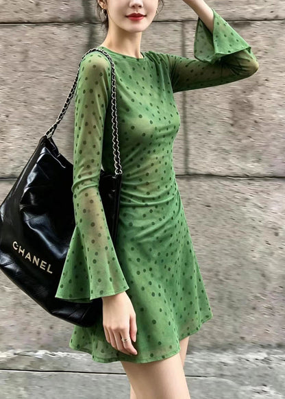 Slim Fit Green Dot O-Neck Mesh Dresses Flare Sleeve