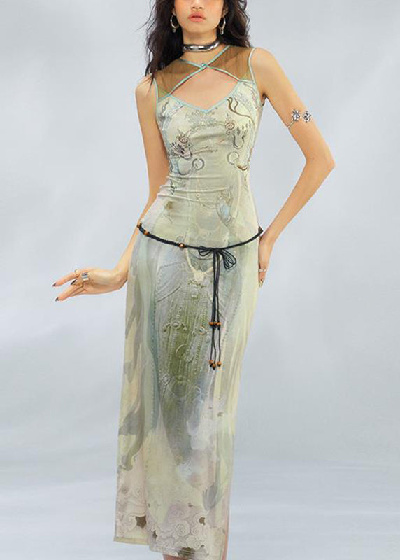 Slim Fit Green Graphic Patchwork Hollow Out Tulle Long Dress Summer