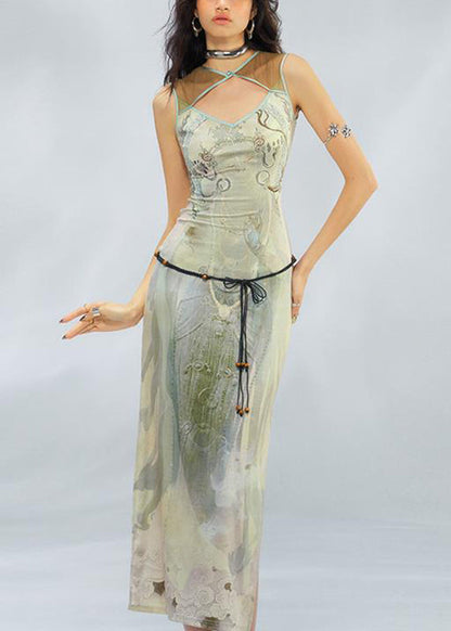 Slim Fit Green Graphic Patchwork Hollow Out Tulle Long Dress Summer