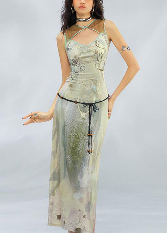 Slim Fit Green Graphic Patchwork Hollow Out Tulle Long Dress Summer