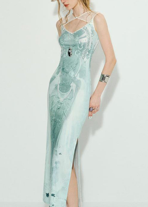 Slim Fit Green Graphic Patchwork Hollow Out Tulle Long Dress Summer