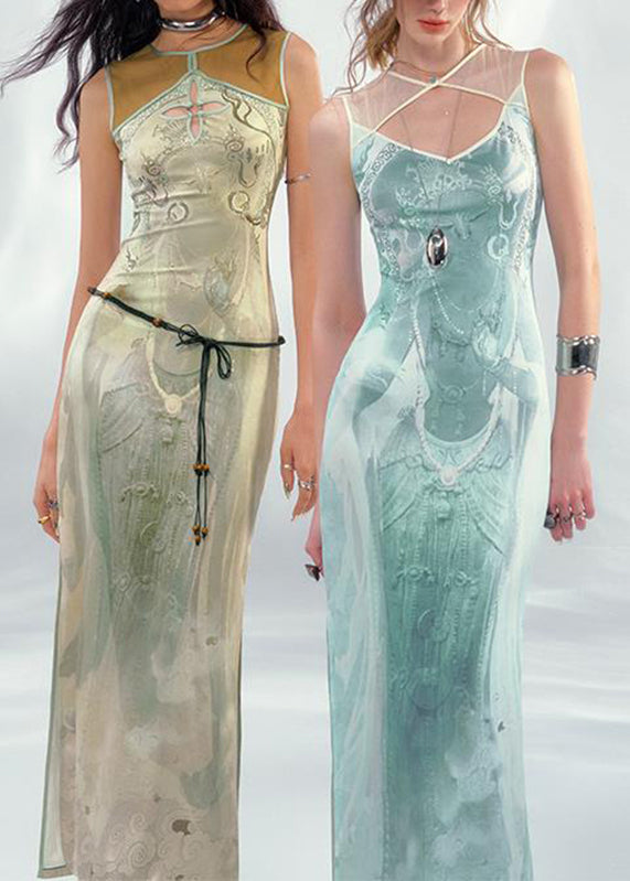 Slim Fit Green Graphic Patchwork Hollow Out Tulle Long Dress Summer