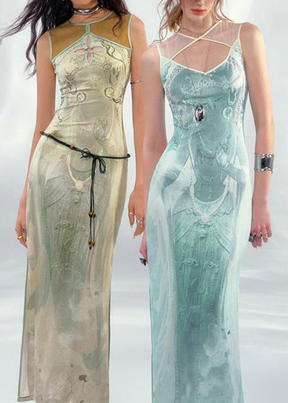 Slim Fit Green Graphic Patchwork Hollow Out Tulle Long Dress Summer