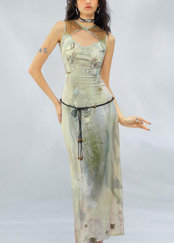 Slim Fit Green Graphic Patchwork Hollow Out Tulle Long Dress Summer