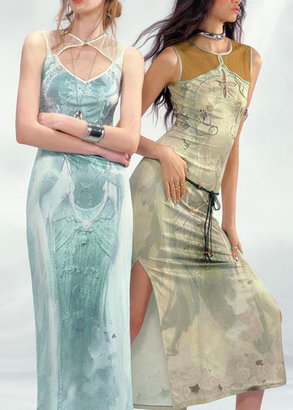 Slim Fit Green Graphic Patchwork Hollow Out Tulle Long Dress Summer