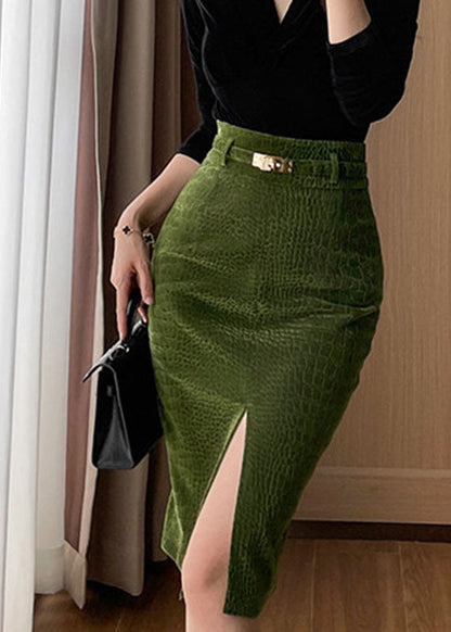 Slim Fit Green High Waist Silk Velvet Skirt Winter