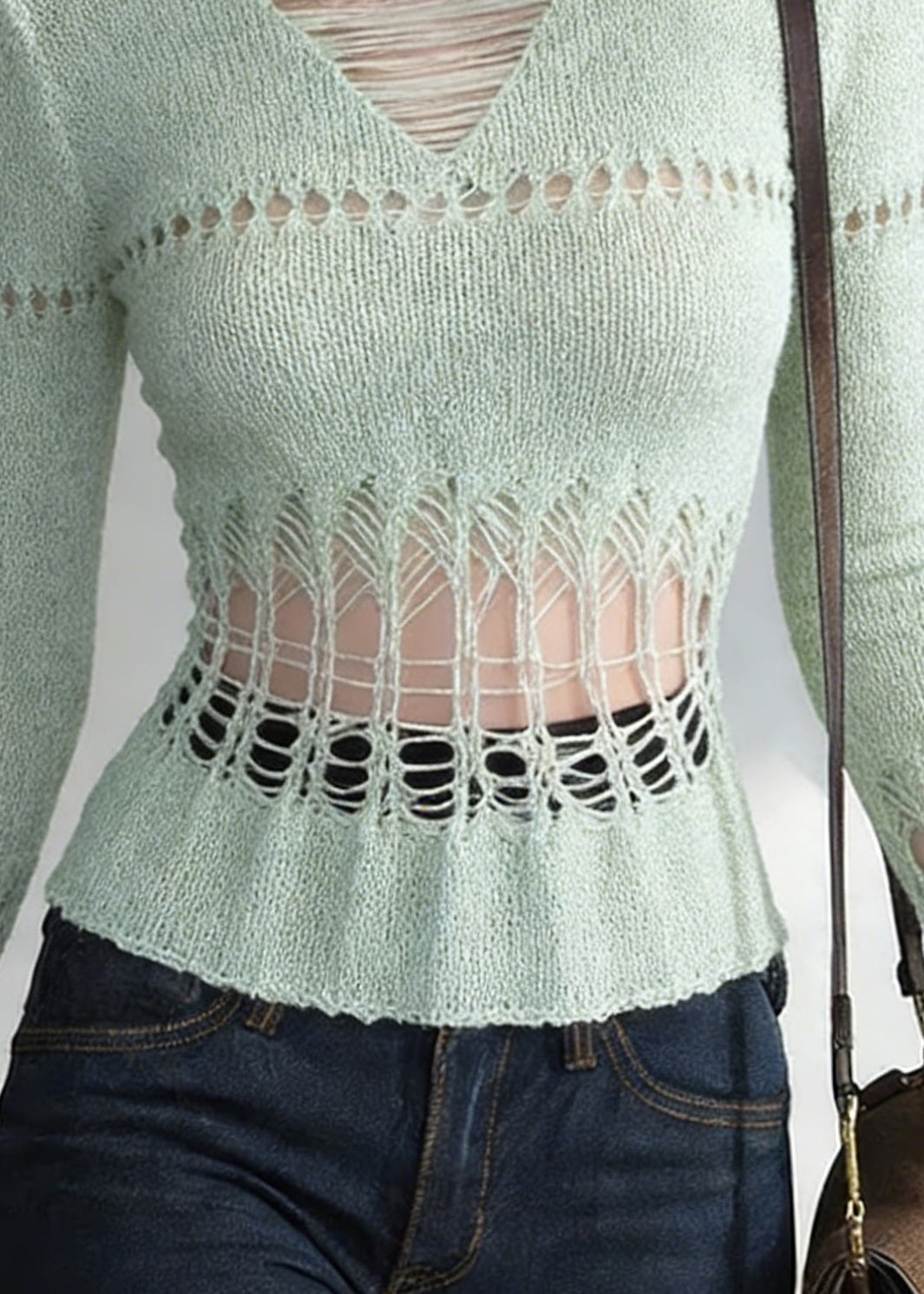 Slim Fit Green Hollow Out Solid Knit T Shirt Spring