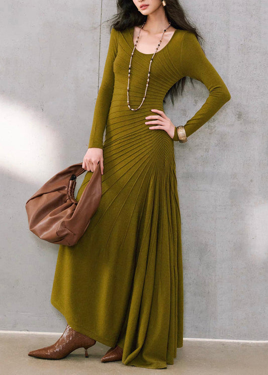 Slim Fit Green O-Neck Asymmetrical Maxi Fishtail Dress Long Sleeve